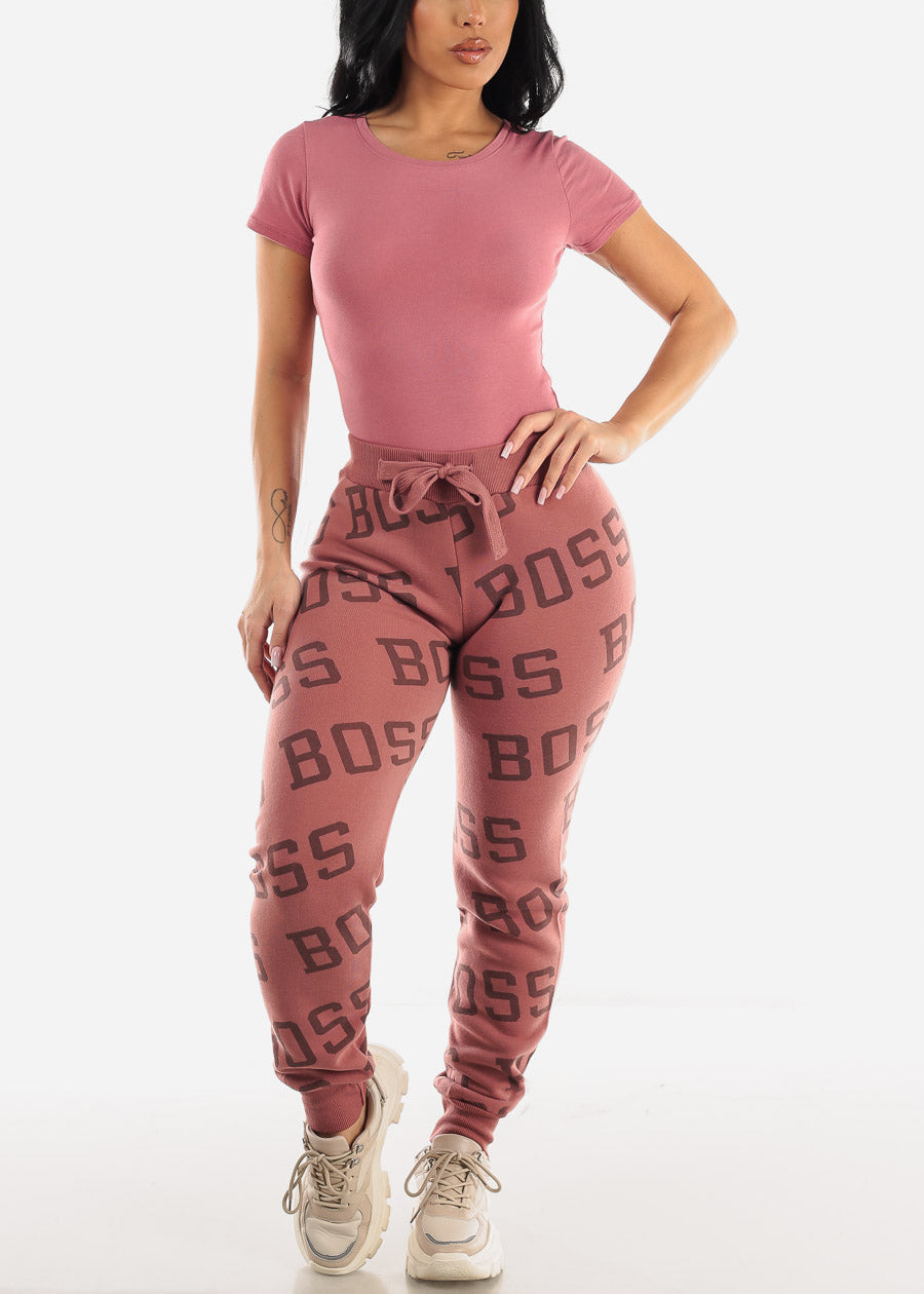 Fleece Drawstring Waist Jogger Sweatpants Mauve "Boss"