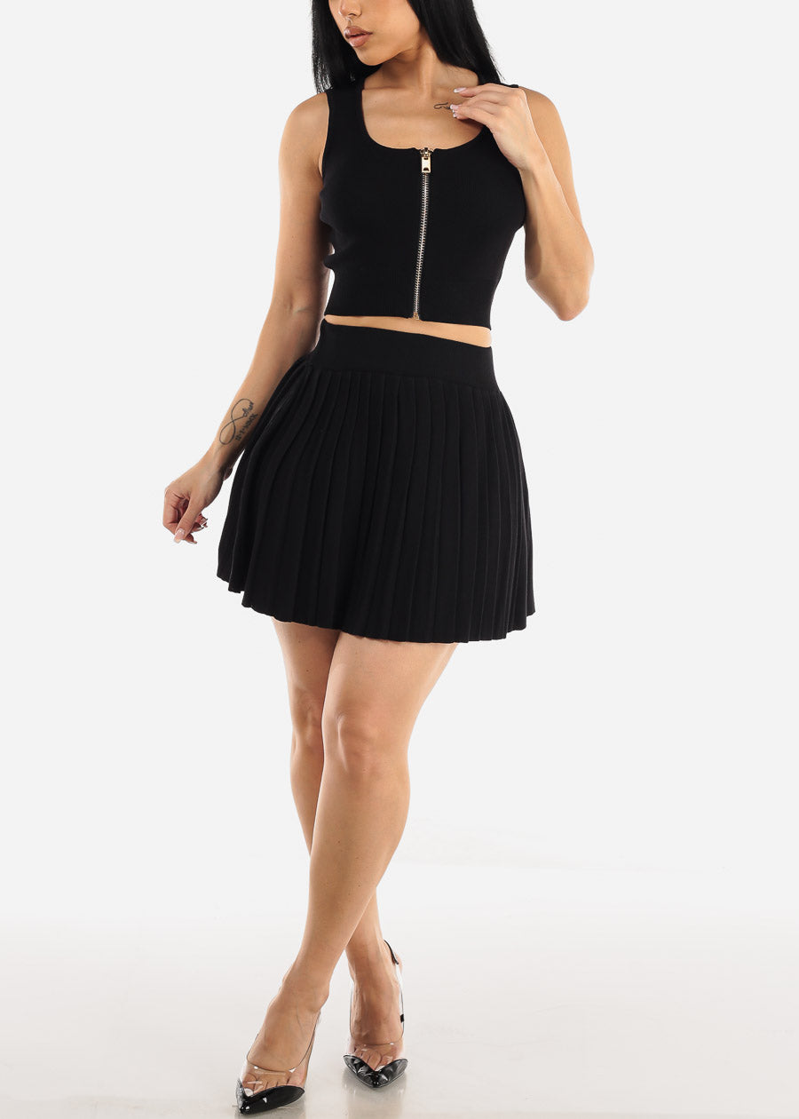 Knit Crop Top & Pleated Mini Skirt Black (2 PCE SET)