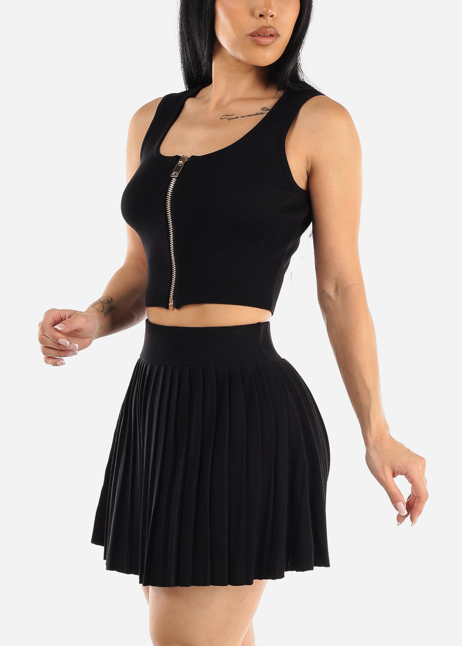 Knit Crop Top & Pleated Mini Skirt Black (2 PCE SET)