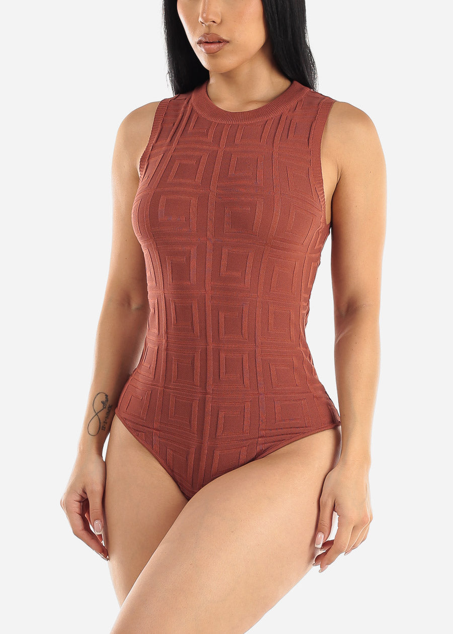 Sleeveless Crewneck Textured Bodysuit Marsala