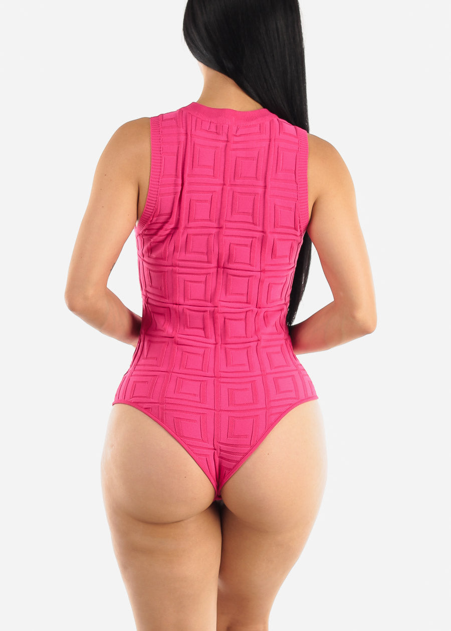 Sleeveless Crewneck Textured Bodysuit Hot Pink