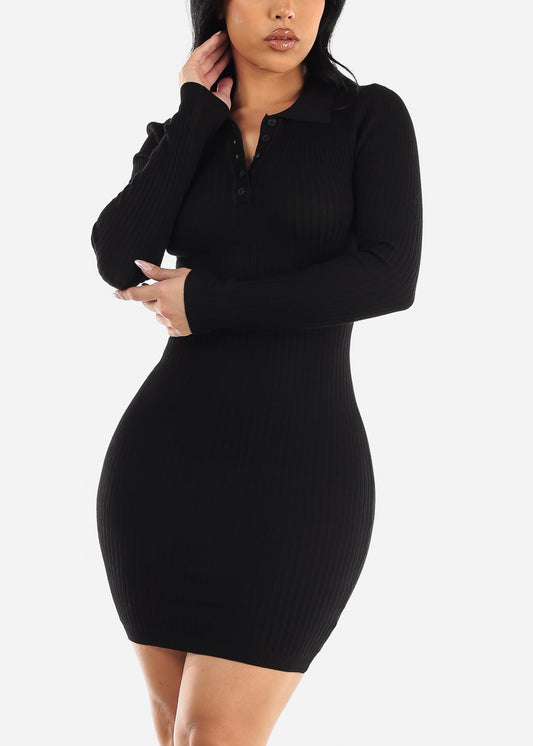 Black Long Sleeve Bodycon Mini Sweater Dress