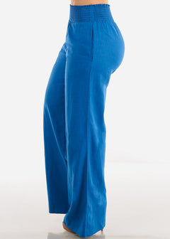 Blue Linen High Rise Spandex Waist Wide Leg Linen Pants