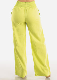 Linen High Rise Spandex Waist Wide Leg Lime Pants