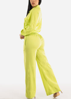 Linen High Rise Spandex Waist Wide Leg Lime Pants