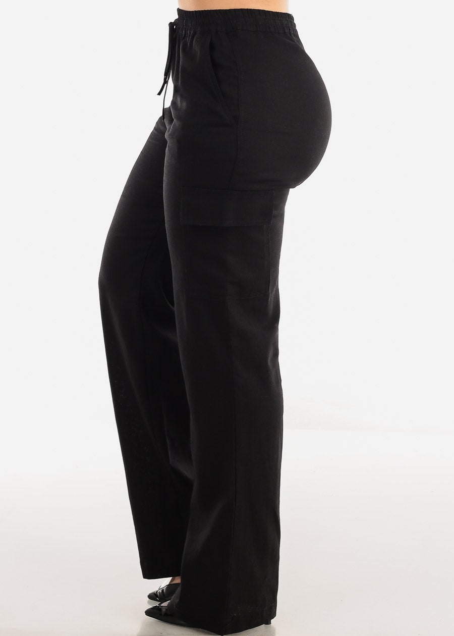 Black Linen High Waist Straight Leg Cargo Pants