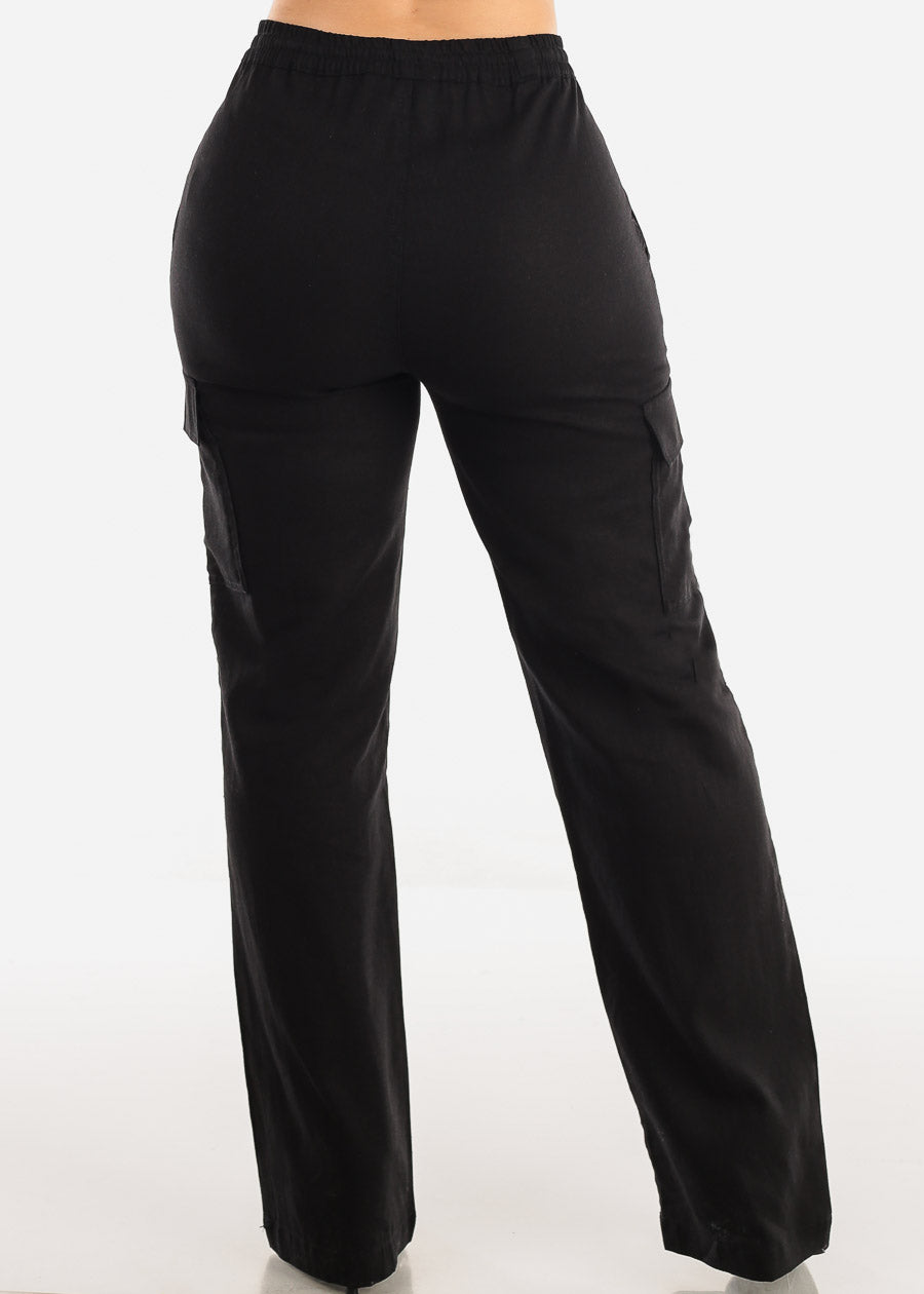 Black Linen High Waist Straight Leg Cargo Pants