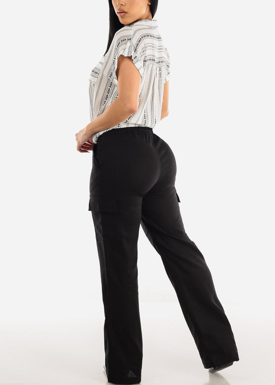 Black Linen High Waist Straight Leg Cargo Pants