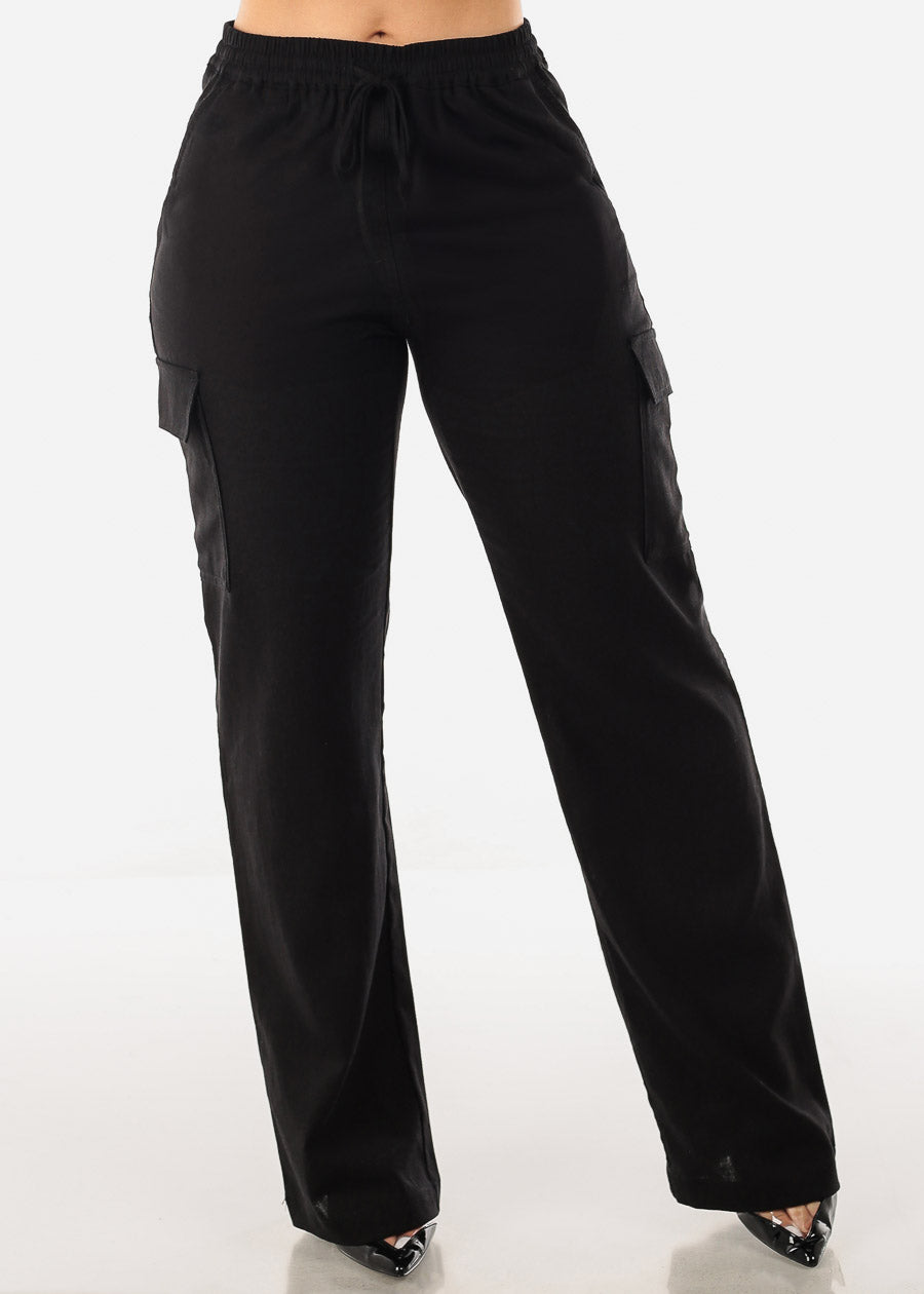 Black Linen High Waist Straight Leg Cargo Pants