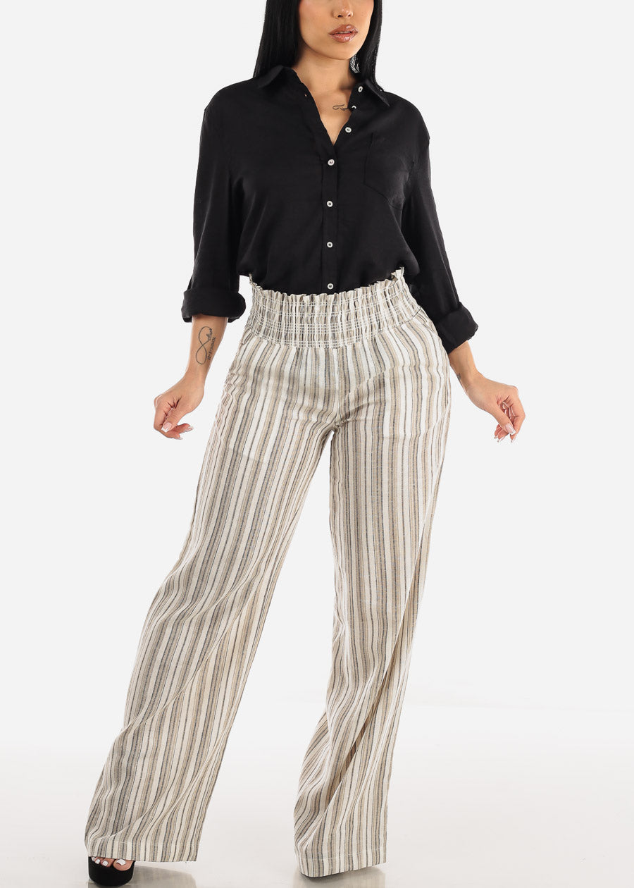 Linen Spandex Waist Striped Pants Mocha