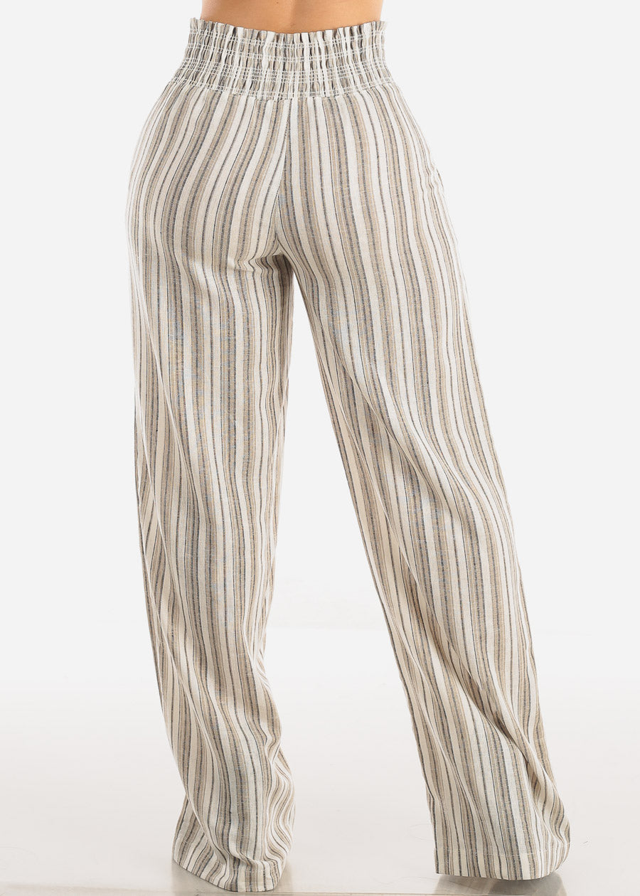 Linen Spandex Waist Striped Pants Mocha