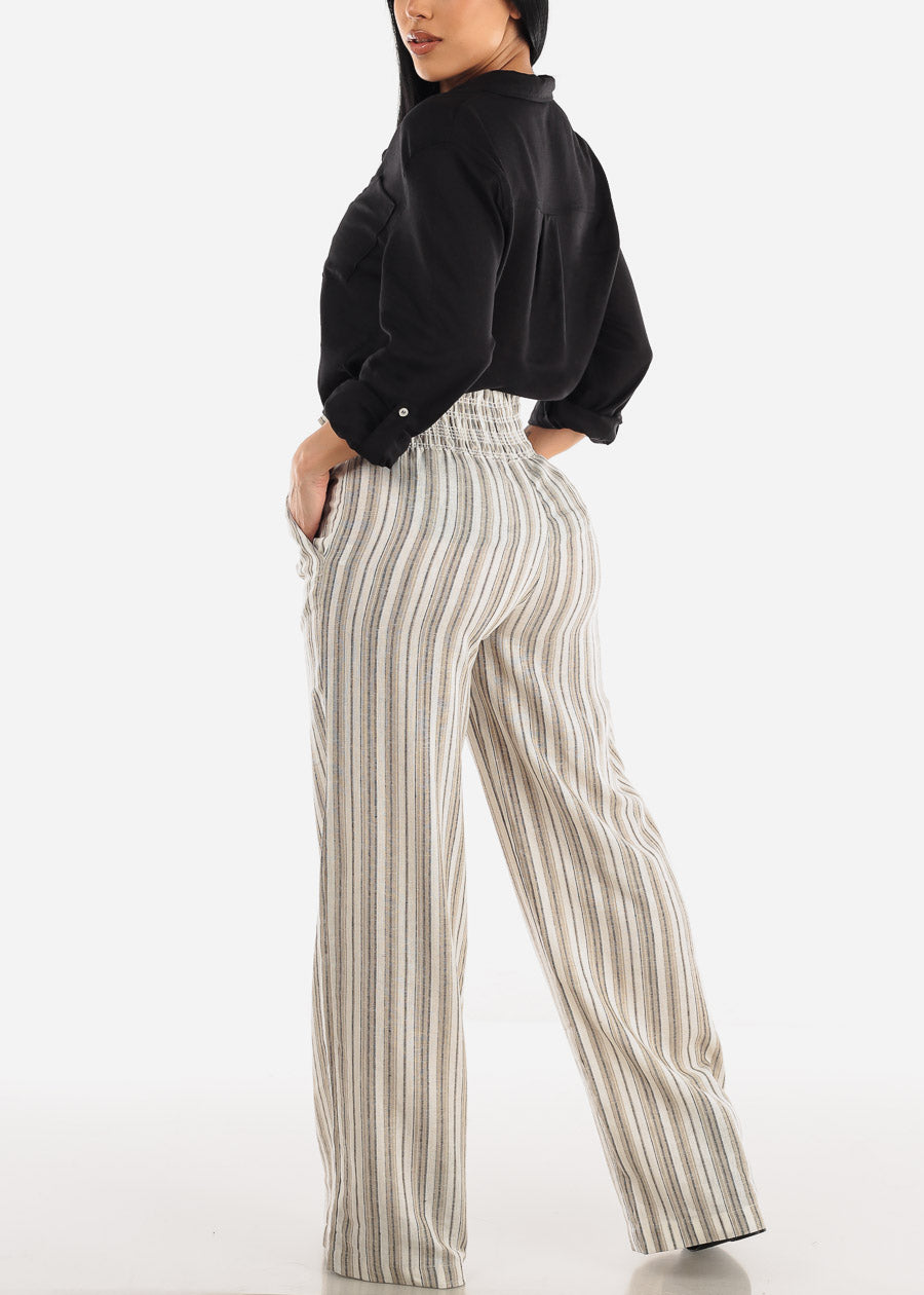 Linen Spandex Waist Striped Pants Mocha