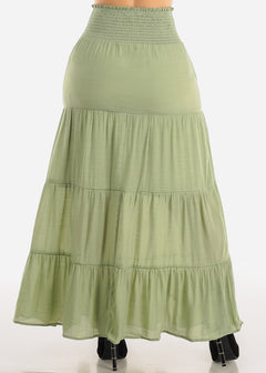 High Rise Spandex Waist Tiered Maxi Skirt Light Green