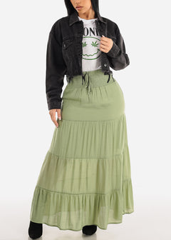 High Rise Spandex Waist Tiered Maxi Skirt Light Green