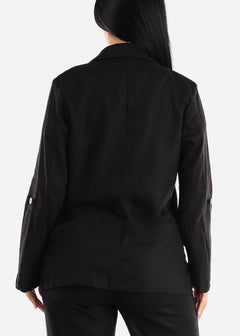 Black Linen Long Sleeve Open Front Blazer