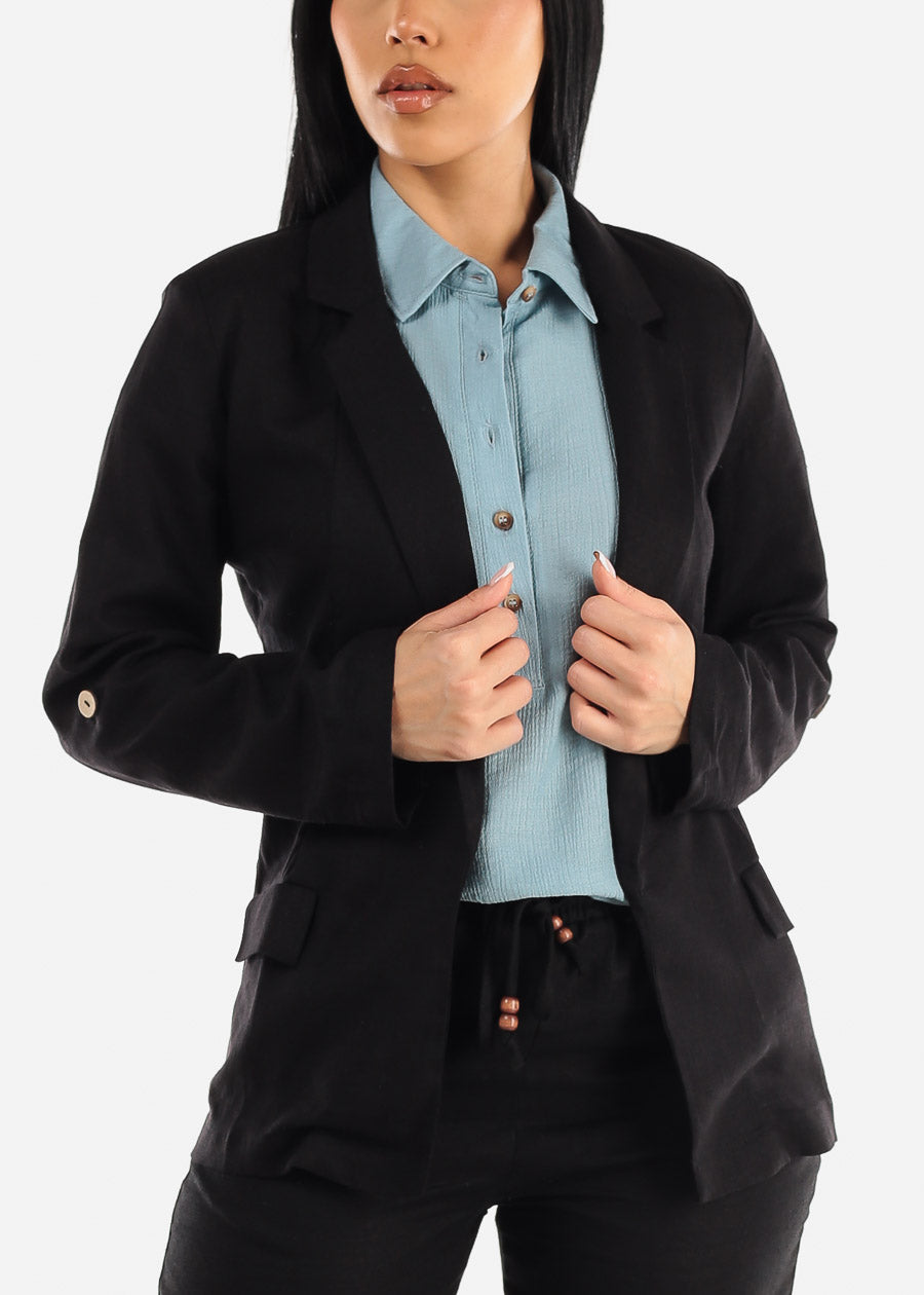 Black Linen Long Sleeve Open Front Blazer