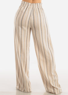 Linen Spandex Waist Stripe Wide Leg Mocha Pants