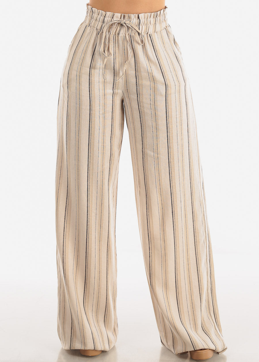 Linen Spandex Waist Stripe Wide Leg Mocha Pants