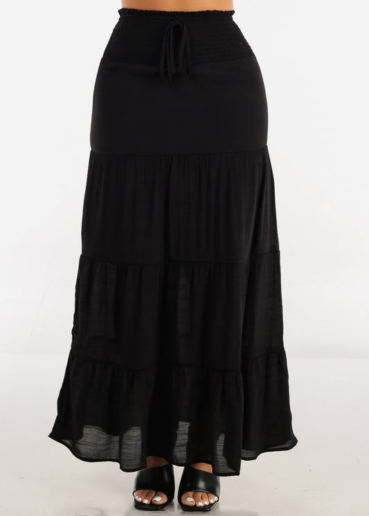 Black Smocked Waist Tiered Maxi Skirt