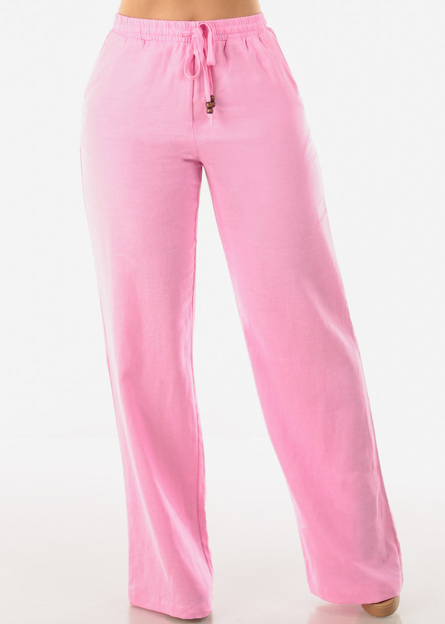 Pink Linen Drawstring Waist Straight Leg Pants
