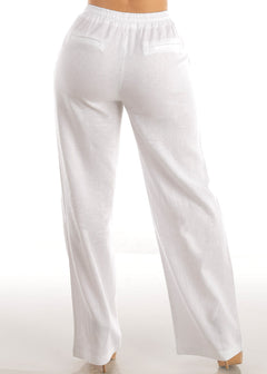 White Drawstring Waist Straight Leg Linen Pants
