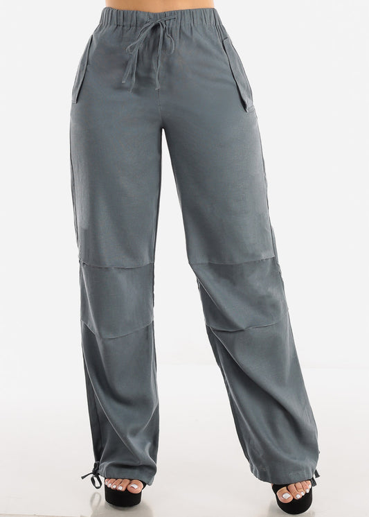 Grey Linen High Waisted Knee Pleats Jogger Pants