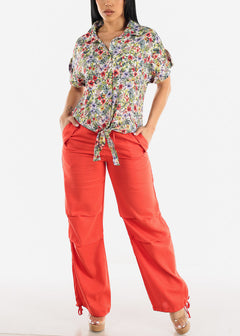 Red Linen High Waisted Knee Pleats Jogger Pants