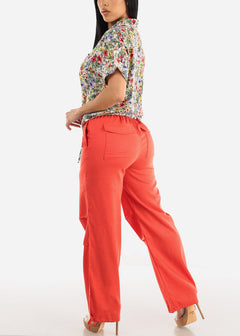 Red Linen High Waisted Knee Pleats Jogger Pants