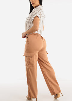 Khaki Linen High Waist Cargo Pants Drawstring Hem