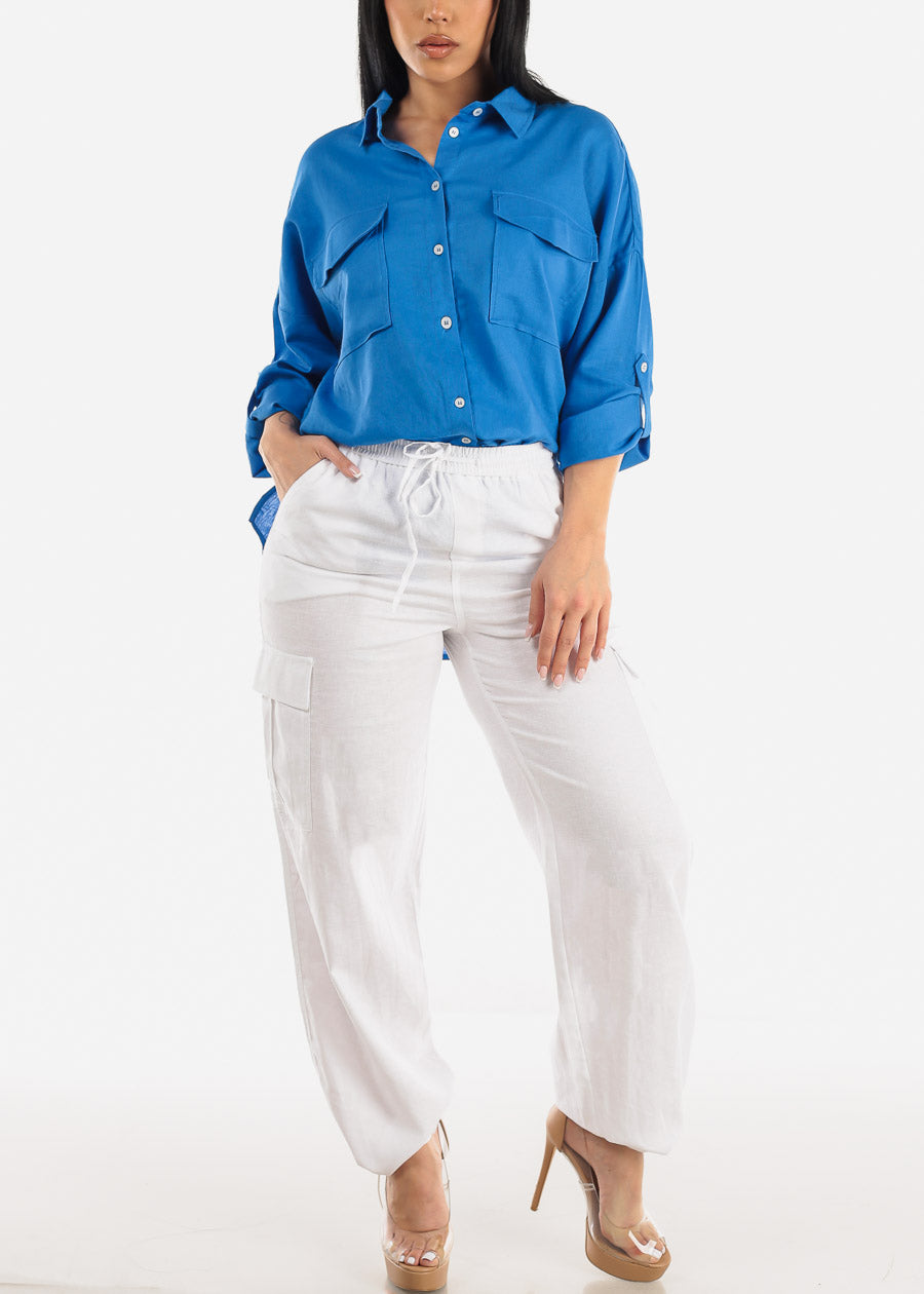 White Linen High Waist Cargo Pants Drawstring Hem