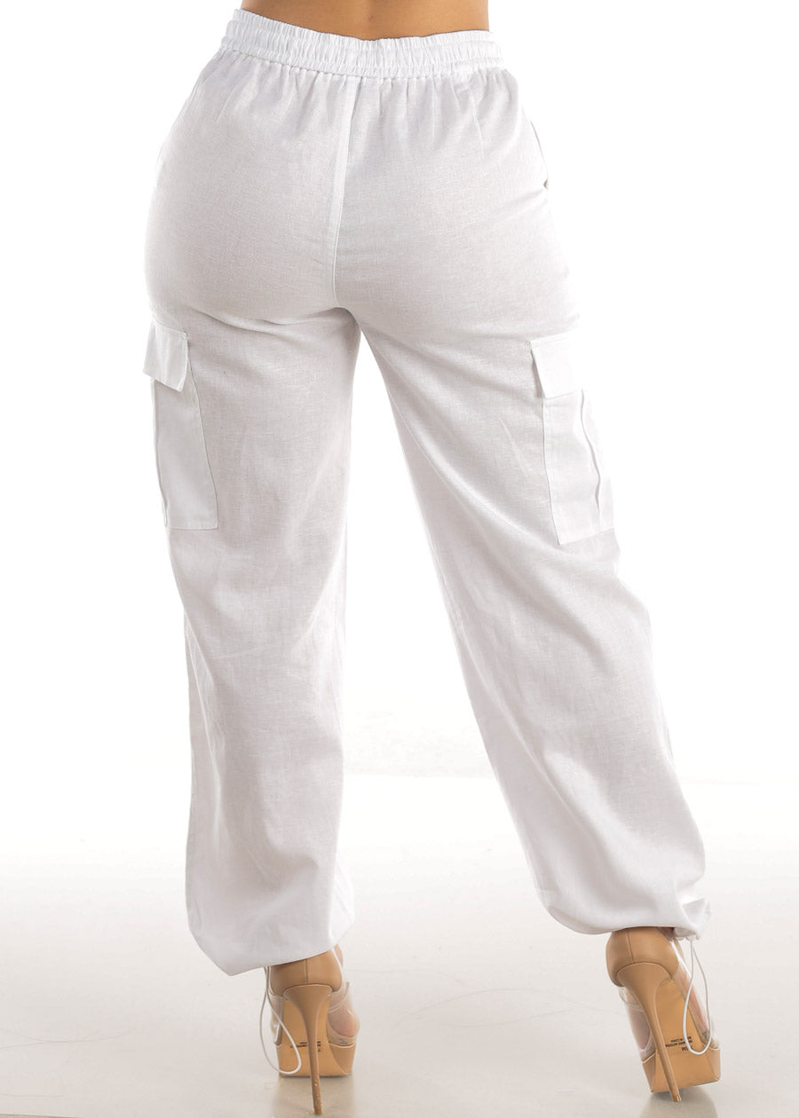 White Linen High Waist Cargo Pants Drawstring Hem