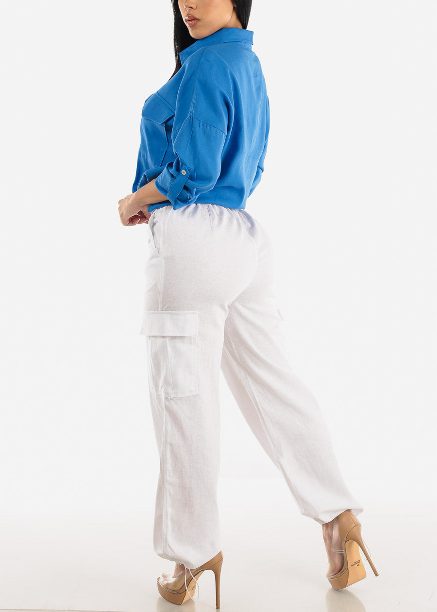 White Linen High Waist Cargo Pants Drawstring Hem