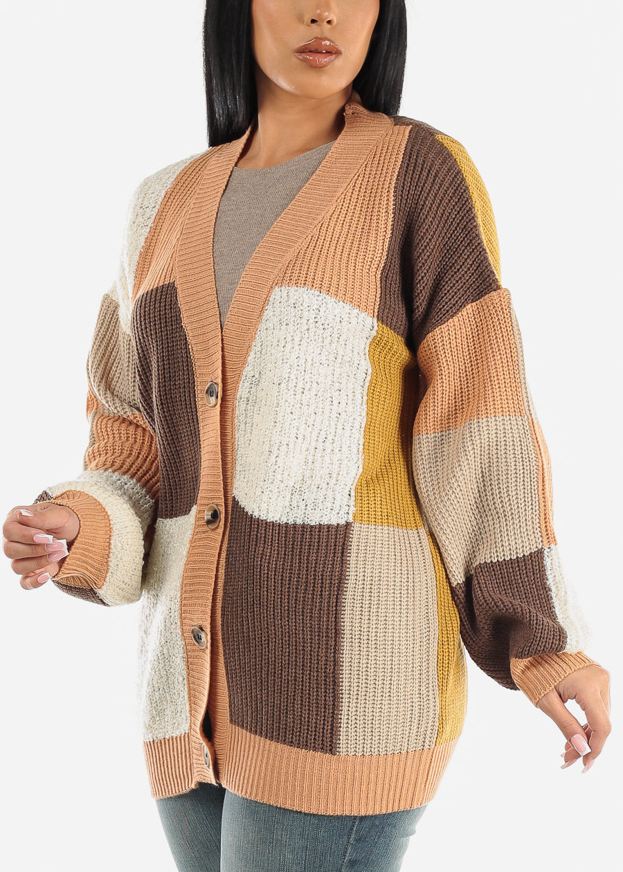 Long Sleeve Button Up Knitted Maxi Cardigan Colorblock