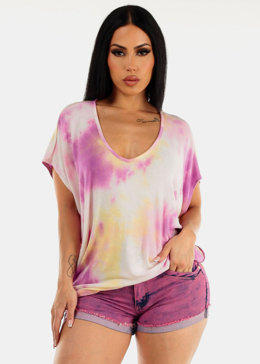 Tie Dye Short Dolman Sleeve Hacci Top