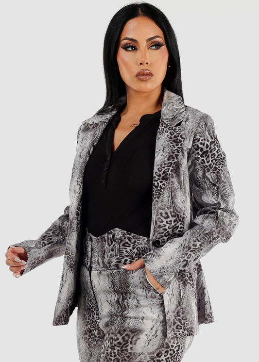 Formal Long Sleeve Animal Print Blazer Grey