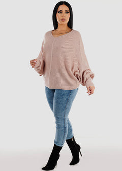 Long Dolman Sleeve V-Neck Knitted Sweater Light Rose