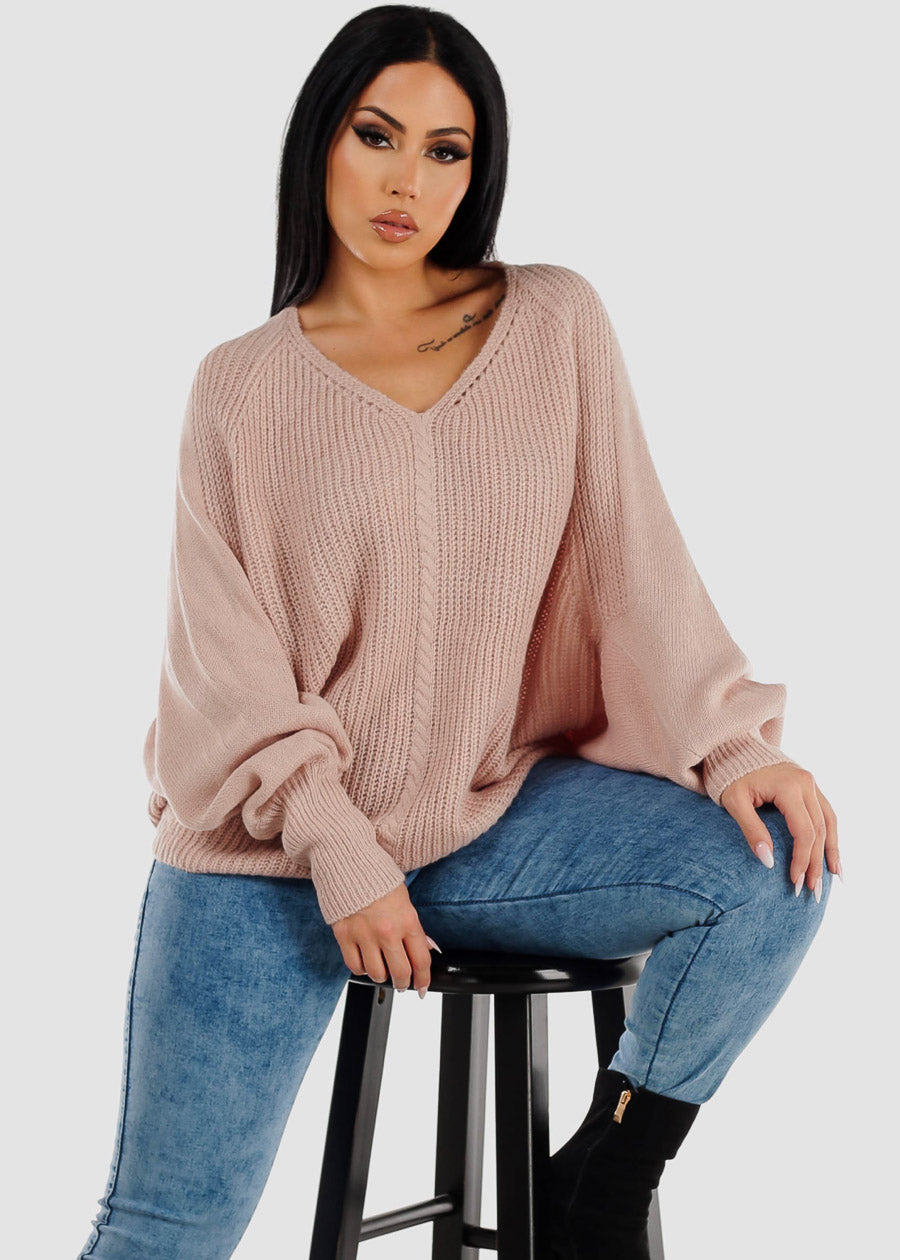Long Dolman Sleeve V-Neck Knitted Sweater Light Rose