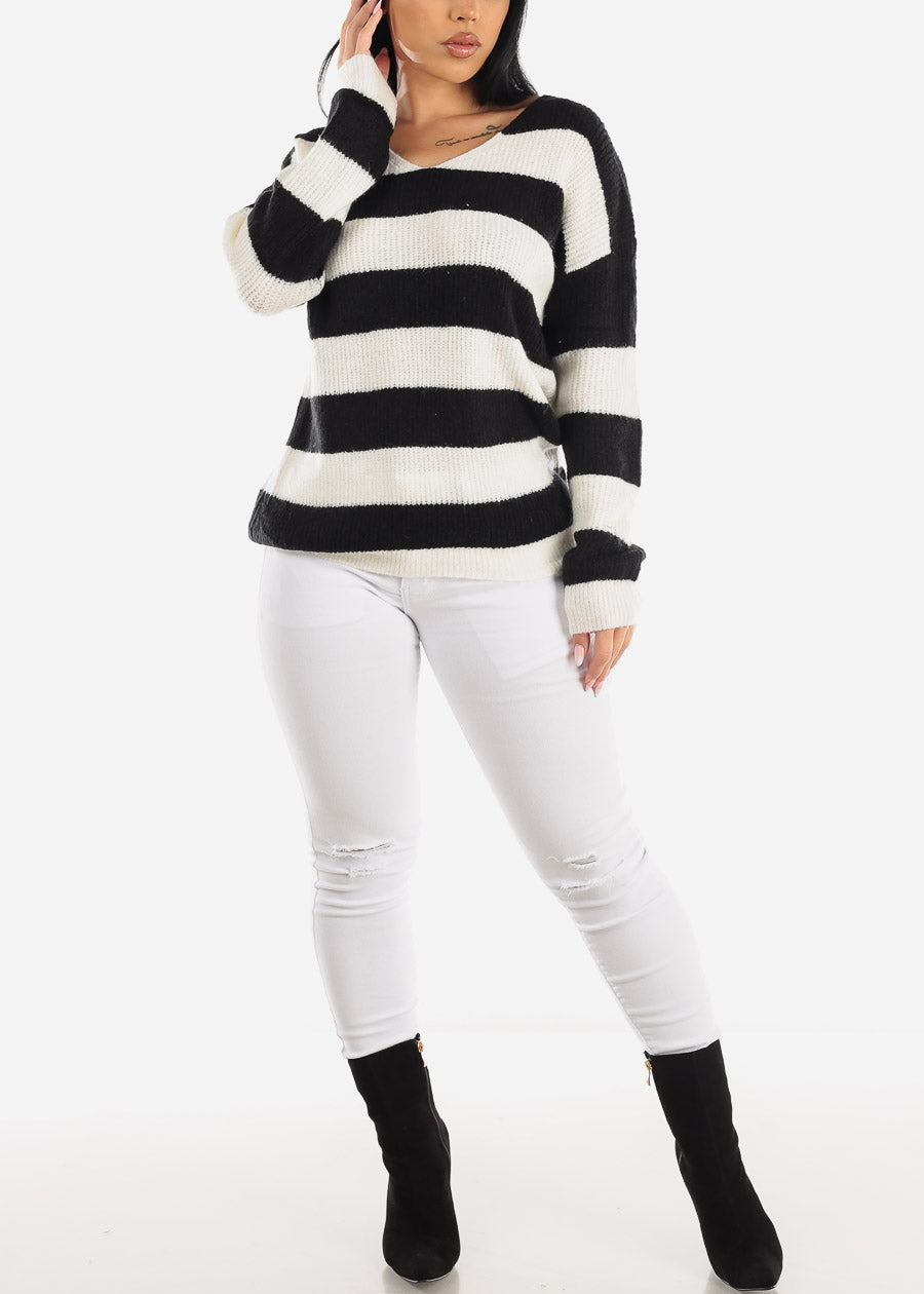 Vneck Soft Knit Striped Sweater Black & White