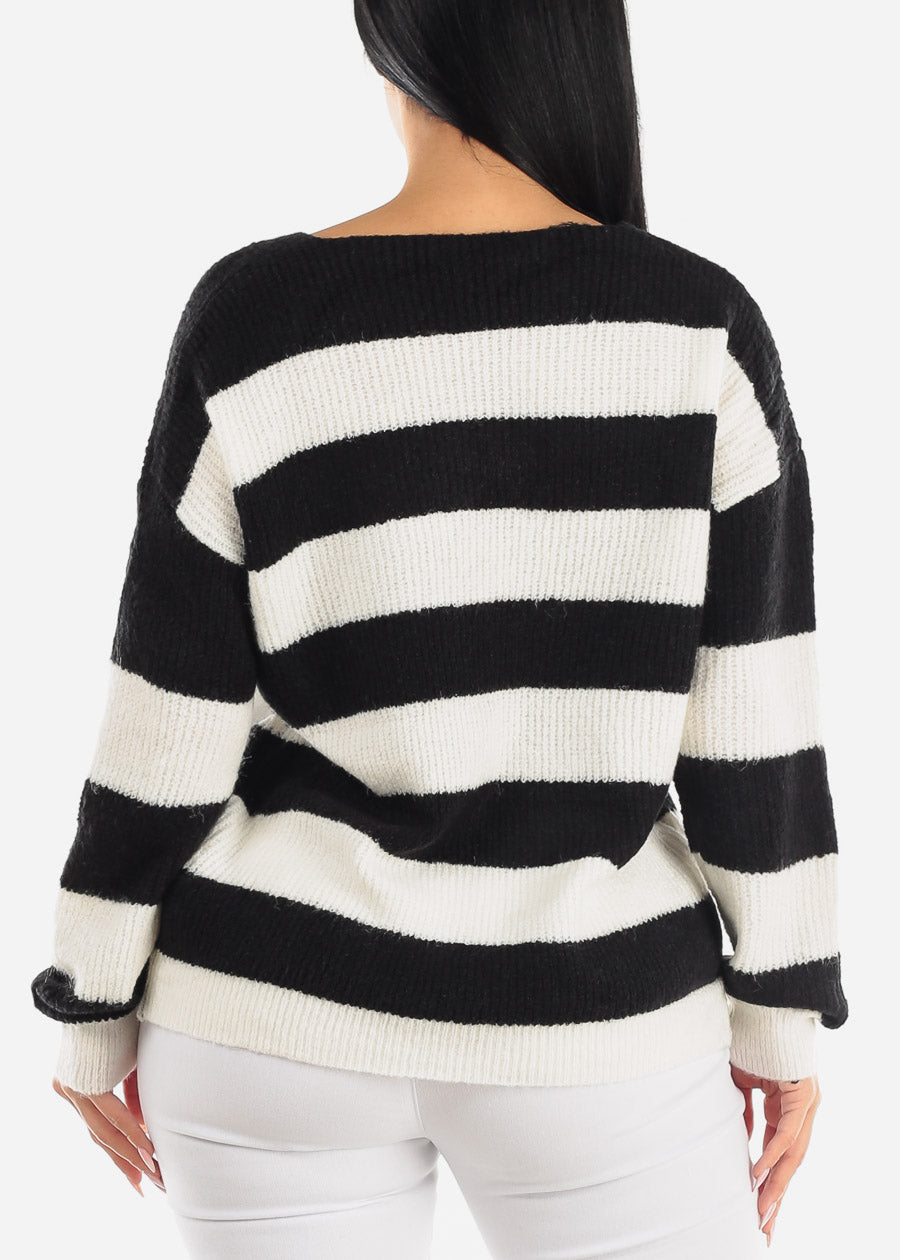 Vneck Soft Knit Striped Sweater Black & White