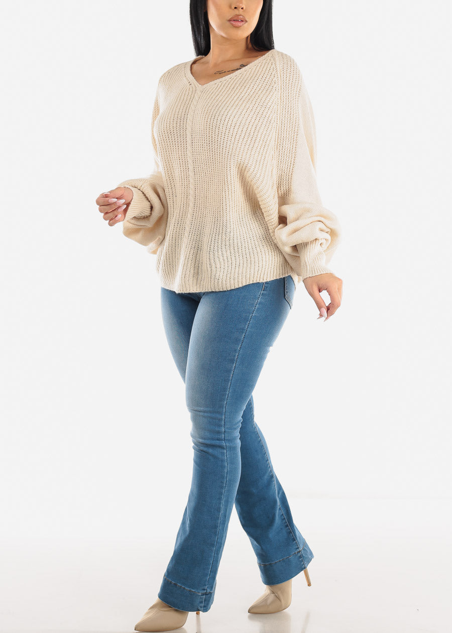 Long Dolman Sleeve V-Neck Knitted Sweater Cream