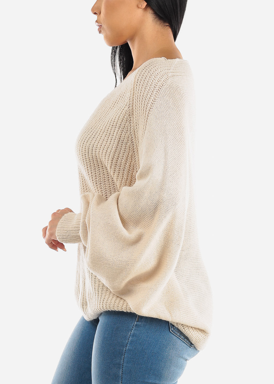 Long Dolman Sleeve V-Neck Knitted Sweater Cream