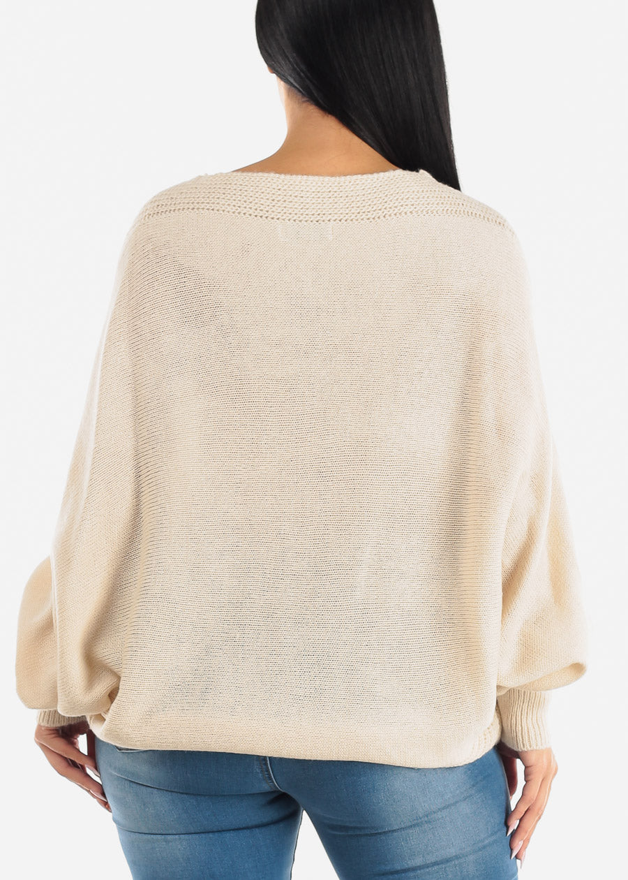 Long Dolman Sleeve V-Neck Knitted Sweater Cream