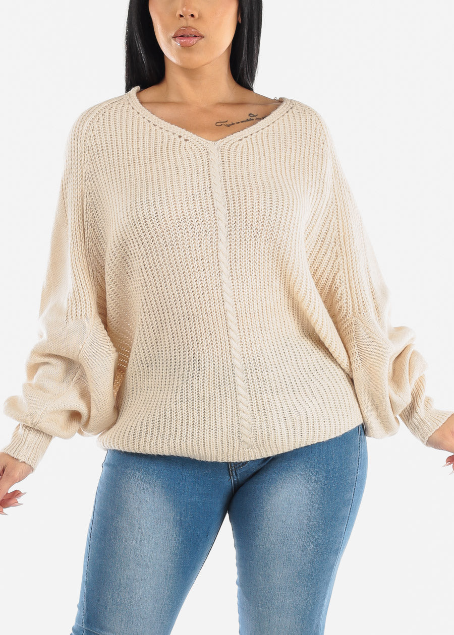 Long Dolman Sleeve V-Neck Knitted Sweater Cream