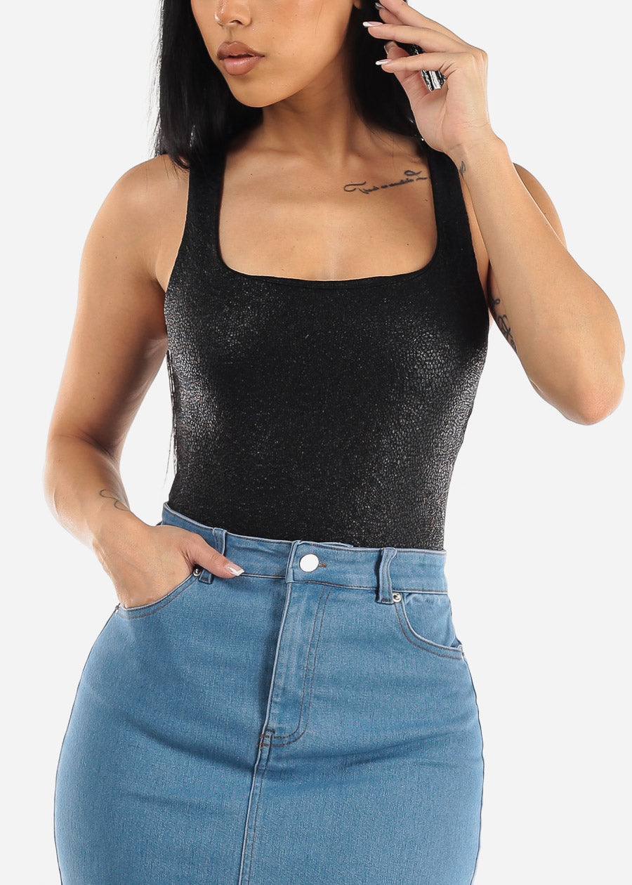 Black Sleeveless Square Neck Metallic Bodysuit