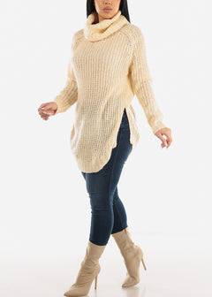 Long Sleeve Turtleneck Knitted Tunic Sweater Beige
