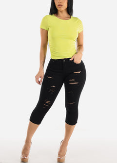 Short Sleeve Crewneck Ruched Top Neon Yellow