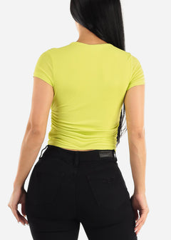 Short Sleeve Crewneck Ruched Top Neon Yellow