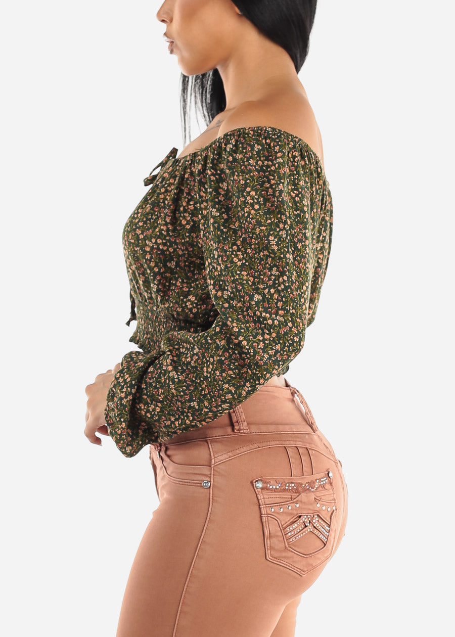 Off Shoulder Floral Peasant Crop Top Green