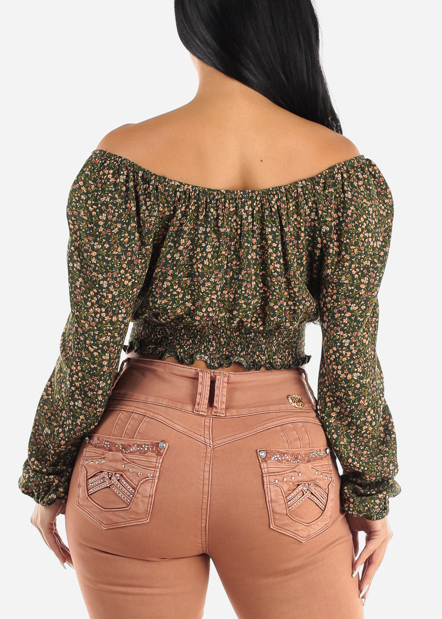 Off Shoulder Floral Peasant Crop Top Green