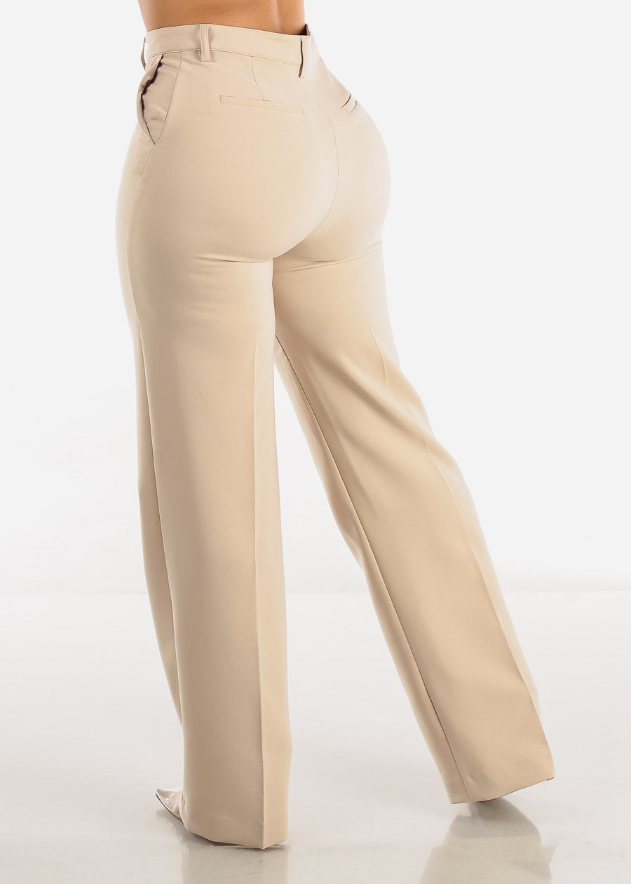 Super High Waisted Formal Straight Dress Pants Beige